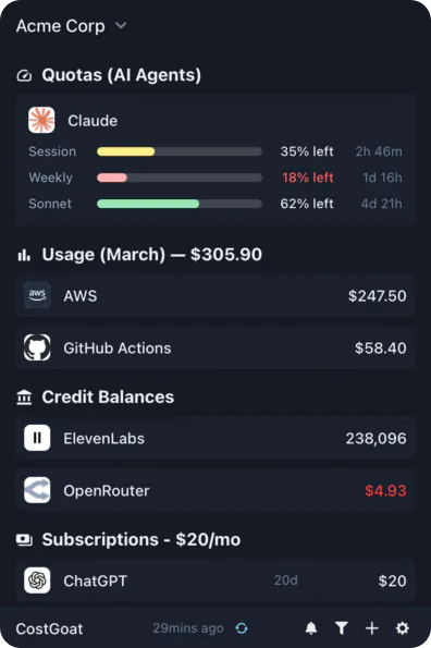 CostGoat tracking AI API credit balances in real-time