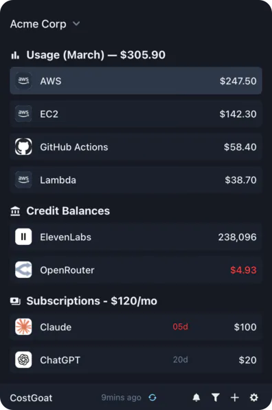 CostGoat tracking AWS costs and usage in real-time